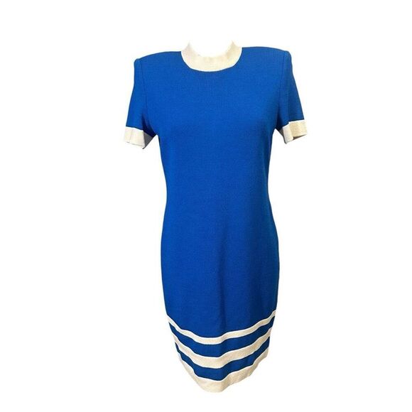 ST. JOHN Collection Crew Neck Shift‎ Dress Santana Knit Blue Cream sz 4 Vintage - Picture 1 of 9